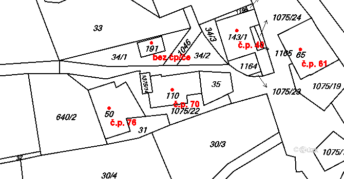 Borovnice 70 na parcele st. 110 v KÚ Borovnice u Jimramova, Katastrální mapa