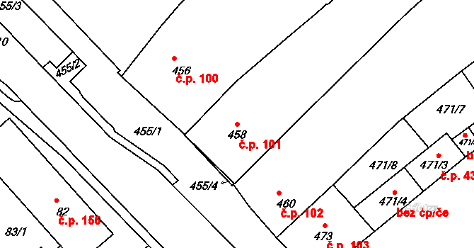 Měřín 101 na parcele st. 458 v KÚ Měřín, Katastrální mapa