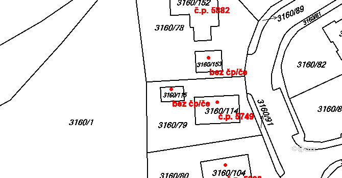 Chomutov 43025650 na parcele st. 3160/115 v KÚ Chomutov II, Katastrální mapa