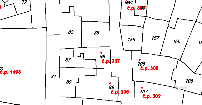 Kunovice 337 na parcele st. 86 v KÚ Kunovice u Uherského Hradiště, Katastrální mapa