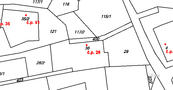 Srbce 26, Luže na parcele st. 36 v KÚ Srbce u Luže, Katastrální mapa