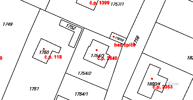 Újezd nad Lesy 2640, Praha na parcele st. 1754/3 v KÚ Újezd nad Lesy, Katastrální mapa