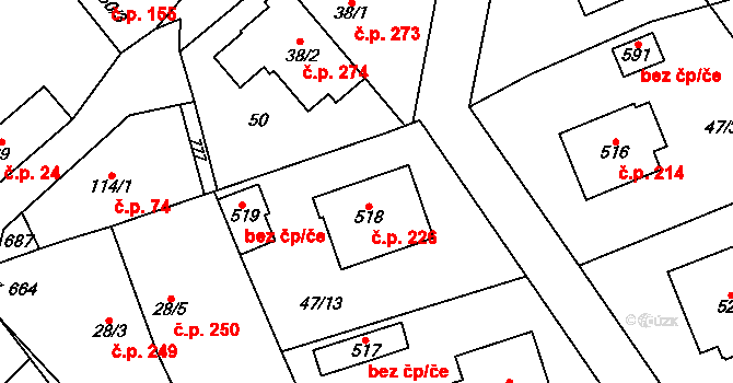 Třebotov 226 na parcele st. 518 v KÚ Třebotov, Katastrální mapa