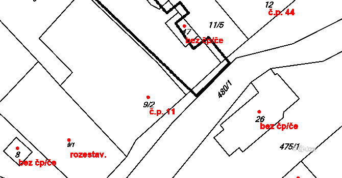 Hyršov 11, Všeruby na parcele st. 9/2 v KÚ Hyršov, Katastrální mapa
