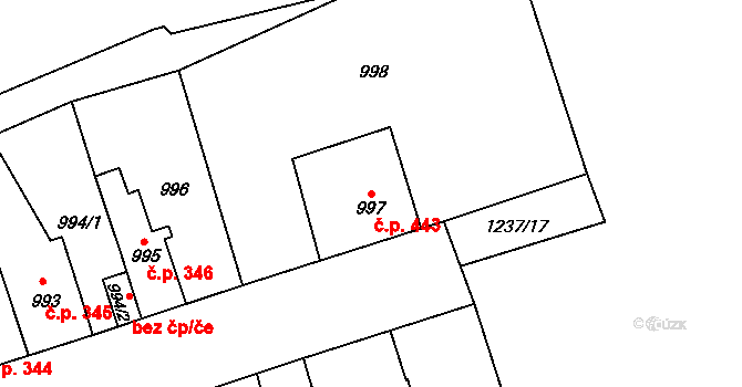 Vejprnice 443 na parcele st. 997 v KÚ Vejprnice, Katastrální mapa