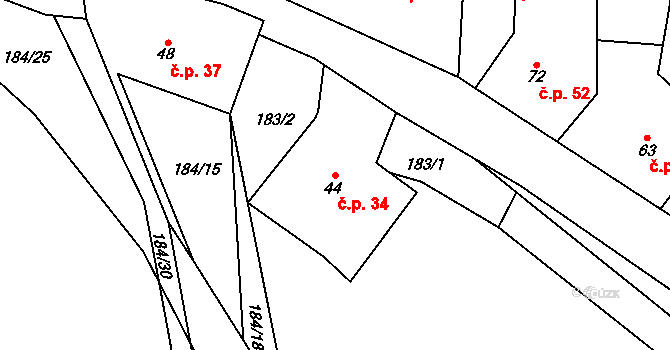 Velenov 34 na parcele st. 44 v KÚ Velenov, Katastrální mapa