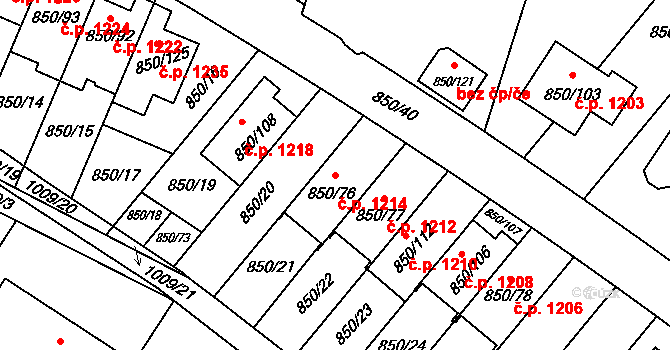 Mohelnice 1214 na parcele st. 850/76 v KÚ Mohelnice, Katastrální mapa