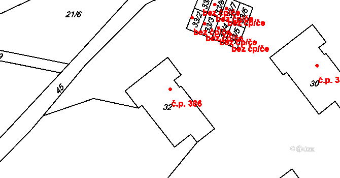 Kunín 386 na parcele st. 32 v KÚ Kunín, Katastrální mapa