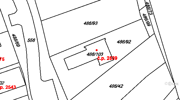 Blansko 2539 na parcele st. 486/103 v KÚ Horní Lhota u Blanska, Katastrální mapa