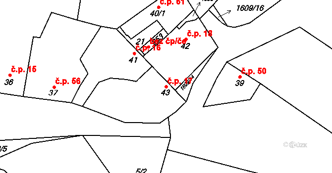 Lískovec 17, Koryčany na parcele st. 43 v KÚ Lískovec, Katastrální mapa