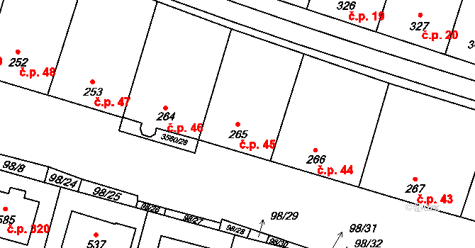 Hrabětice 45 na parcele st. 265 v KÚ Hrabětice, Katastrální mapa
