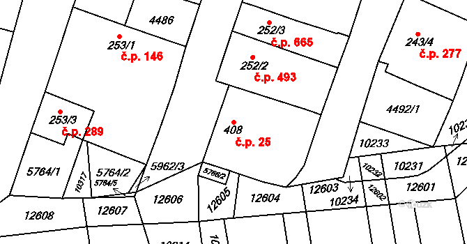 Hrušovany nad Jevišovkou 25 na parcele st. 408 v KÚ Hrušovany nad Jevišovkou, Katastrální mapa