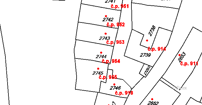 Rakšice 954, Moravský Krumlov na parcele st. 2744 v KÚ Moravský Krumlov, Katastrální mapa