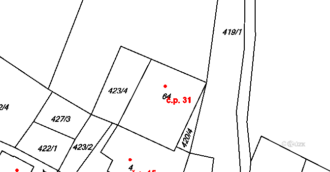 Oldřiš 31, Merklín na parcele st. 64 v KÚ Oldřiš u Merklína, Katastrální mapa