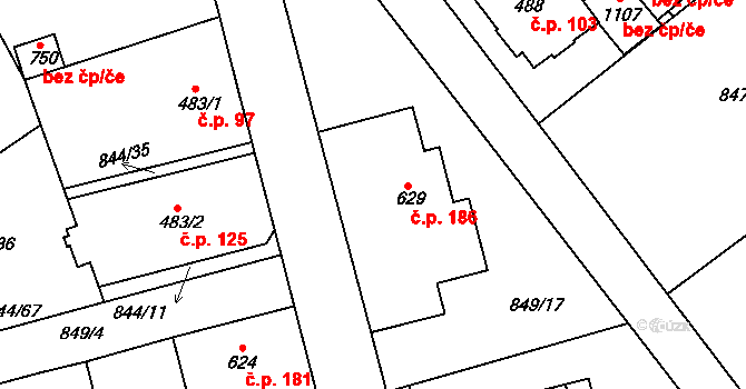 Jablonecké Paseky 186, Jablonec nad Nisou na parcele st. 629 v KÚ Jablonecké Paseky, Katastrální mapa