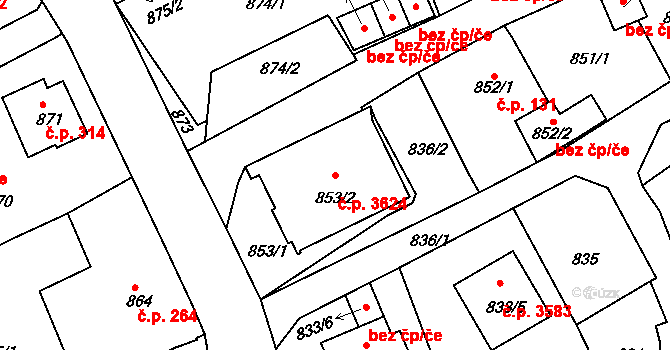 Mšeno nad Nisou 3624, Jablonec nad Nisou na parcele st. 853/2 v KÚ Mšeno nad Nisou, Katastrální mapa