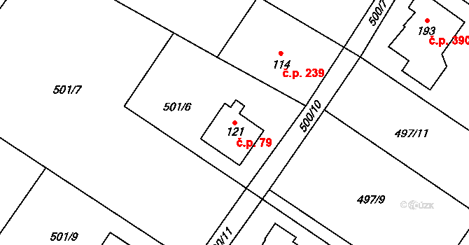 Dobronín 79 na parcele st. 121 v KÚ Střelecká, Katastrální mapa