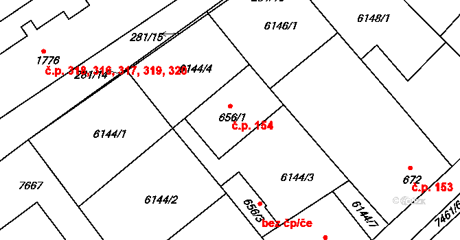 Telč-Podolí 154, Telč na parcele st. 656/1 v KÚ Telč, Katastrální mapa