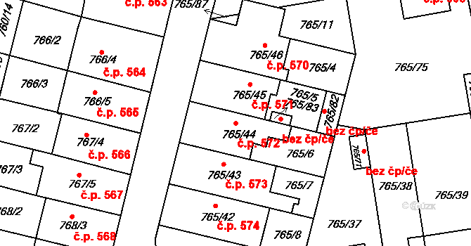 Hrušovany u Brna 572 na parcele st. 765/44 v KÚ Hrušovany u Brna, Katastrální mapa