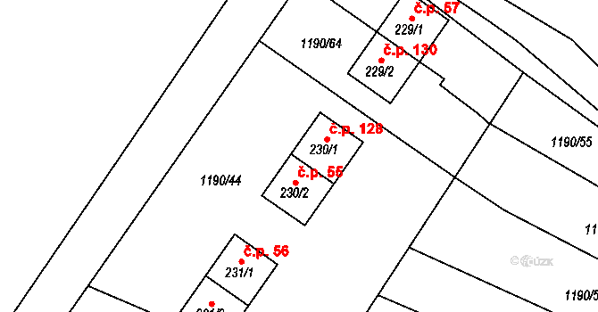 Hýsly 128 na parcele st. 230/1 v KÚ Hýsly, Katastrální mapa