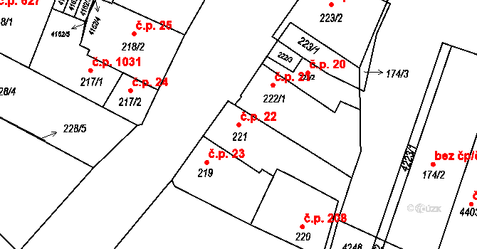 Kyjov 22 na parcele st. 221 v KÚ Kyjov, Katastrální mapa