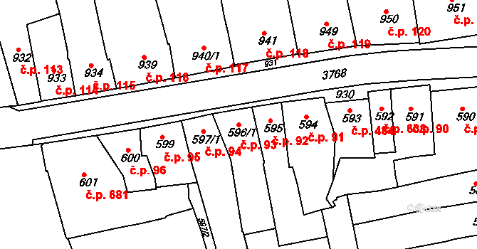 Slavkov u Brna 93 na parcele st. 596/1 v KÚ Slavkov u Brna, Katastrální mapa