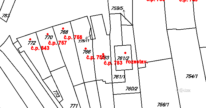 Slavkov u Brna 753 na parcele st. 763 v KÚ Slavkov u Brna, Katastrální mapa