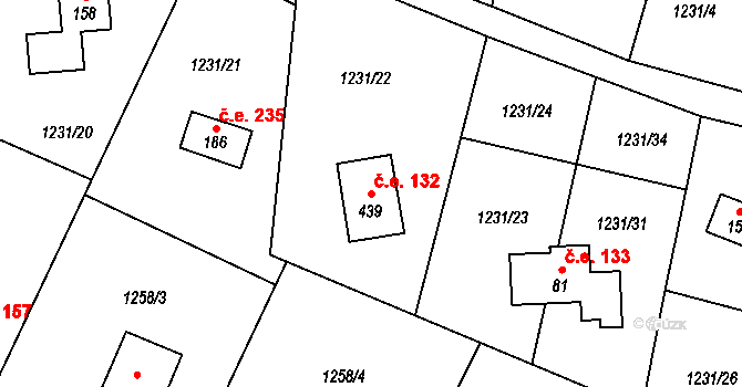 Měřín 132, Rabyně na parcele st. 439 v KÚ Blaženice, Katastrální mapa