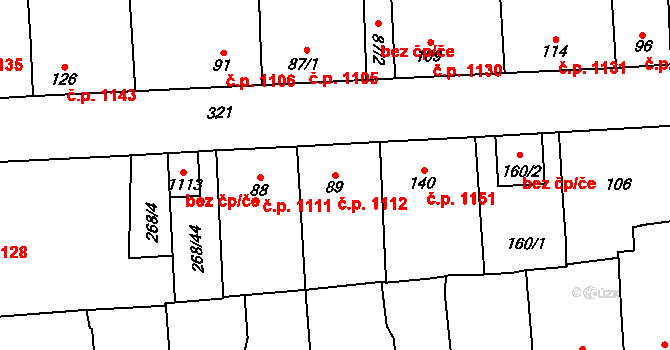 Švermov 1112, Kladno na parcele st. 89 v KÚ Hnidousy, Katastrální mapa