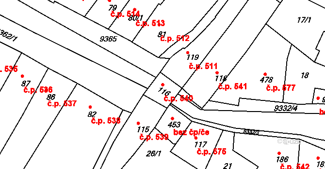 Slavonice 540 na parcele st. 116 v KÚ Slavonice, Katastrální mapa