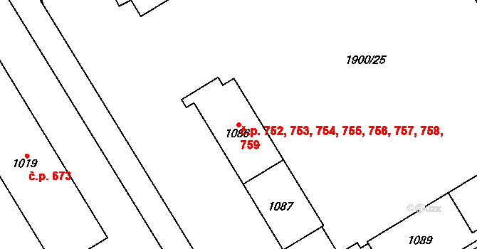 Uničov 752,753,754,755,756, na parcele st. 1086 v KÚ Uničov, Katastrální mapa
