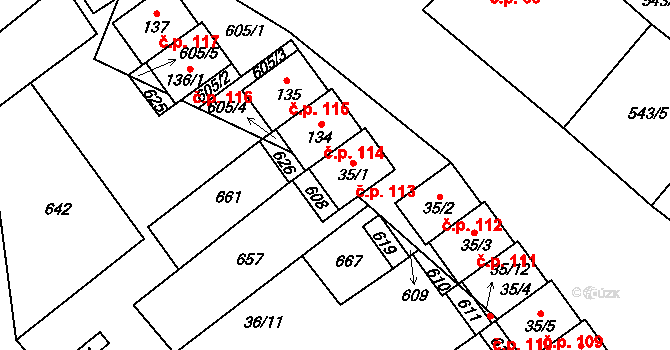 Dušníky 113 na parcele st. 35/1 v KÚ Dušníky, Katastrální mapa