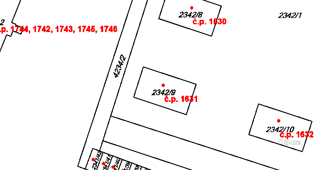 Roudnice nad Labem 1631 na parcele st. 2342/9 v KÚ Roudnice nad Labem, Katastrální mapa