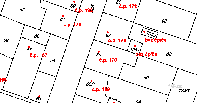 Kostomlaty nad Labem 170 na parcele st. 85 v KÚ Kostomlaty nad Labem, Katastrální mapa