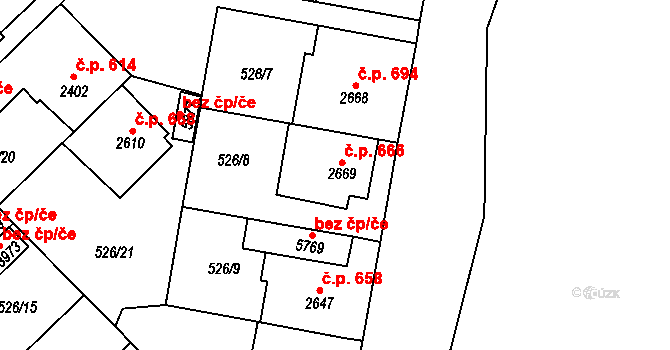 Borovina 666, Třebíč na parcele st. 2669 v KÚ Třebíč, Katastrální mapa