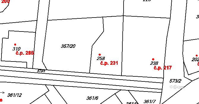 Dolní Poustevna 231 na parcele st. 258 v KÚ Dolní Poustevna, Katastrální mapa