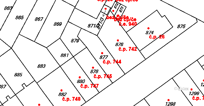 Černá Pole 744, Brno na parcele st. 877 v KÚ Černá Pole, Katastrální mapa
