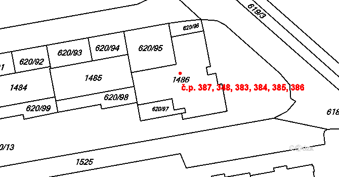 Medlánky 348,383,384,385,386,, Brno na parcele st. 1486 v KÚ Medlánky, Katastrální mapa