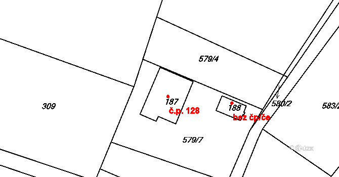 Bzí 128, Železný Brod na parcele st. 187 v KÚ Bzí u Železného Brodu, Katastrální mapa