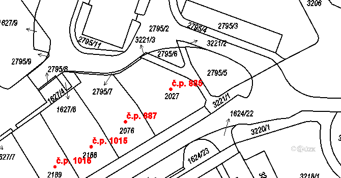 Cheb 885 na parcele st. 2027 v KÚ Cheb, Katastrální mapa
