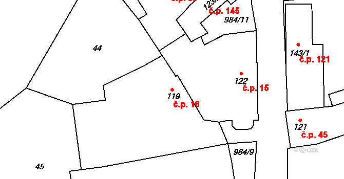 Praskolesy 16 na parcele st. 119 v KÚ Praskolesy, Katastrální mapa