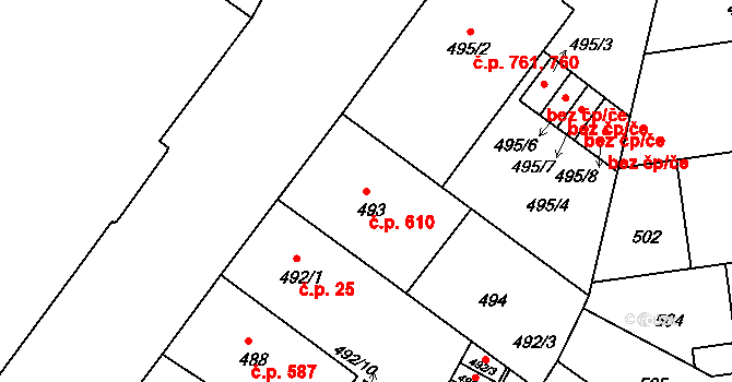 Podolí 610, Praha na parcele st. 493 v KÚ Podolí, Katastrální mapa