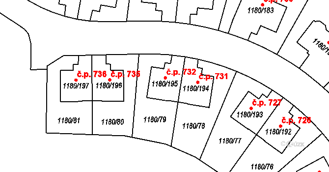 Nebušice 732, Praha na parcele st. 1180/195 v KÚ Nebušice, Katastrální mapa