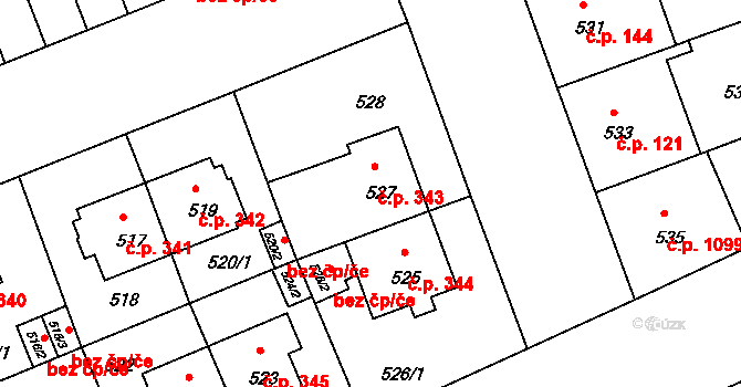 Strašnice 343, Praha na parcele st. 527 v KÚ Strašnice, Katastrální mapa