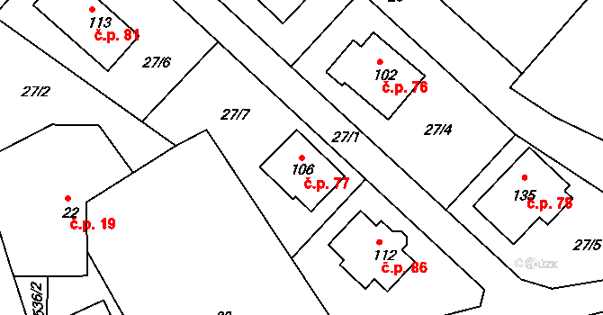 Luhy 77, Dolní Hbity na parcele st. 106 v KÚ Luhy, Katastrální mapa