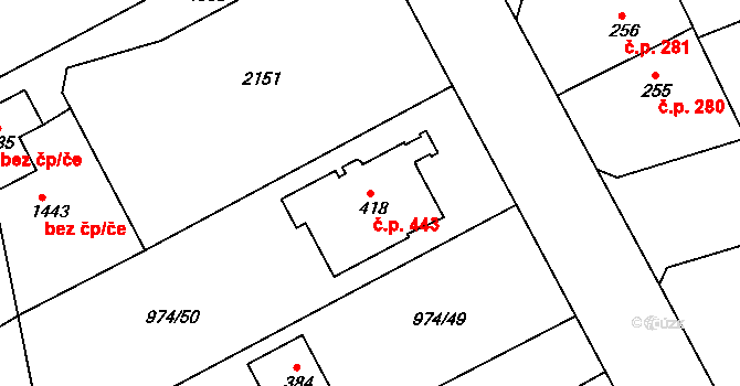 Slezské Předměstí 443, Hradec Králové na parcele st. 418 v KÚ Slezské Předměstí, Katastrální mapa
