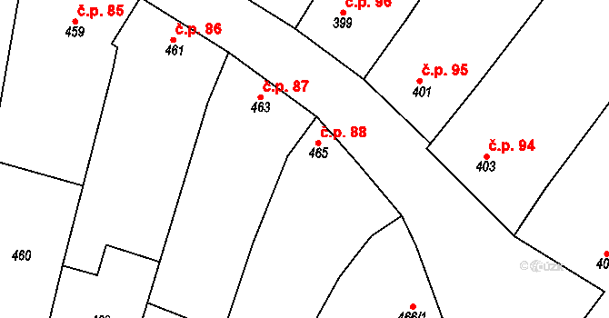 Blučina 88 na parcele st. 465 v KÚ Blučina, Katastrální mapa