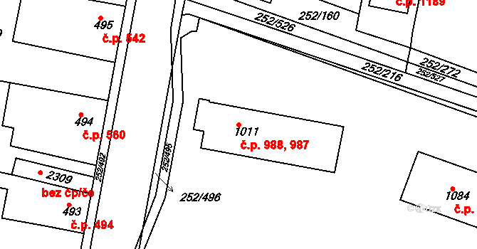 Rosice 987,988 na parcele st. 1011 v KÚ Rosice u Brna, Katastrální mapa