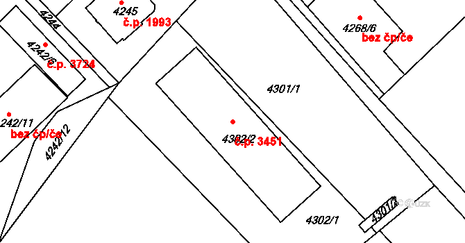 Mělník 3451 na parcele st. 4302/2 v KÚ Mělník, Katastrální mapa