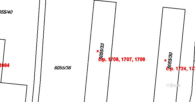 Prostějov 1707,1708,1709 na parcele st. 6055/33 v KÚ Prostějov, Katastrální mapa